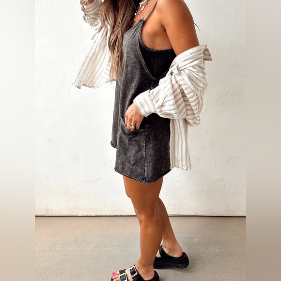 NWT Stone Acid Washed Ash Black Athletic Mini Dress with Built in Romper - Picture 4 of 4